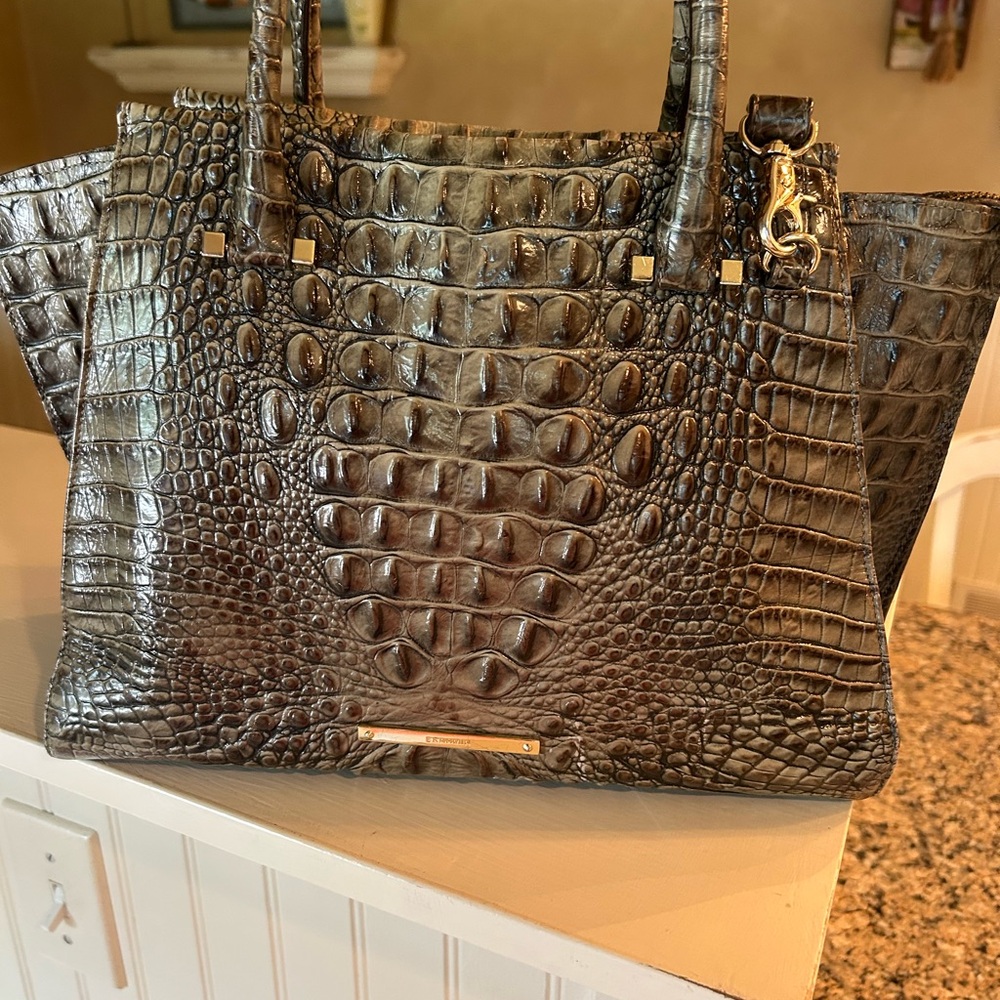 Brahmin Green Metallic Crocodile-Embossed Satchel Bag with Gold accents